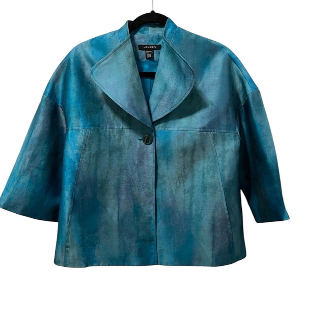 Louben Teal Blue Watercolor Jacket with Wide Collar